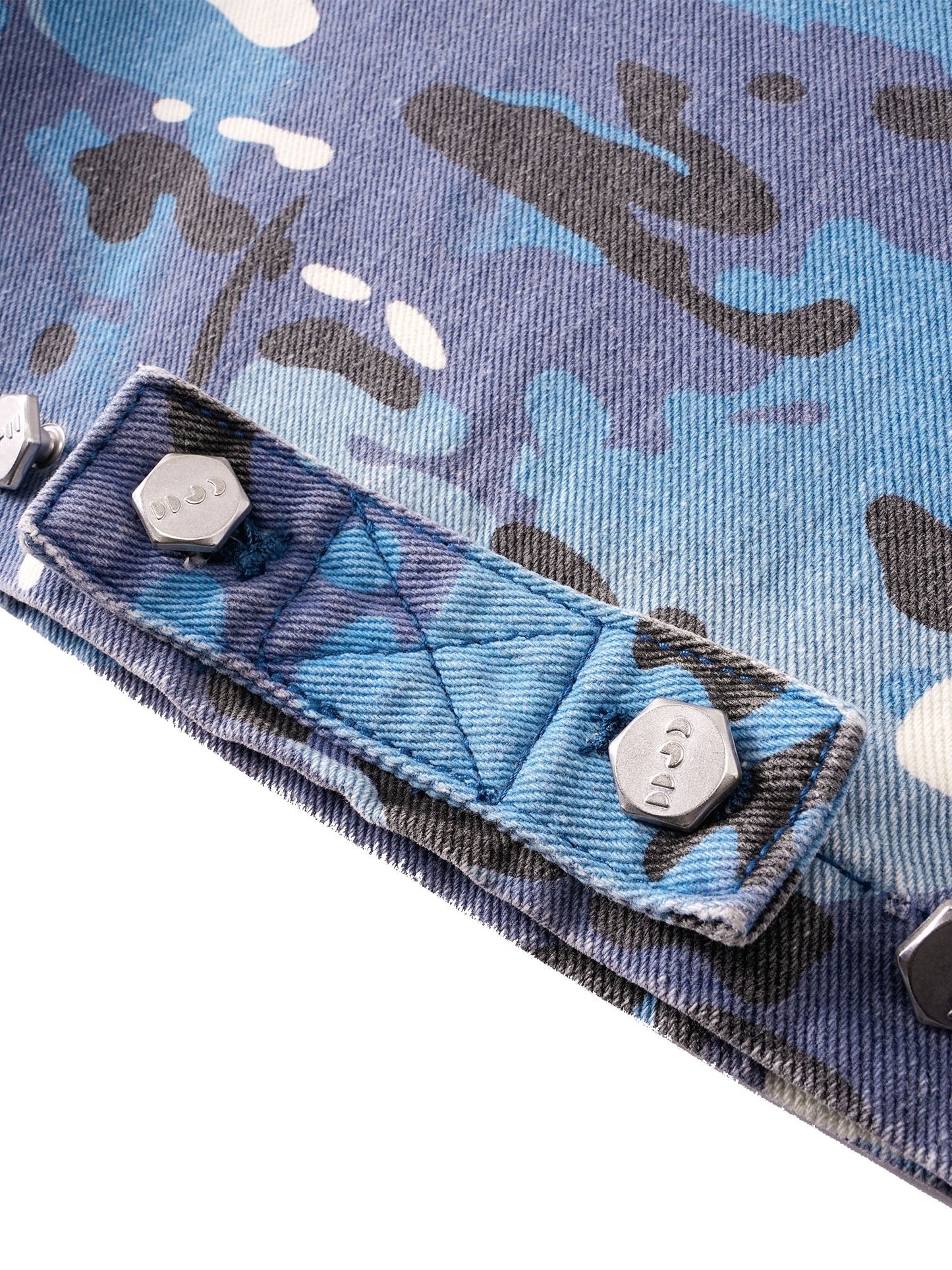 ECLIPSE OF THE BLOOD MOON DISTRESSED DENIM BLUE CAMOUFLAGE LAYERED PANTS