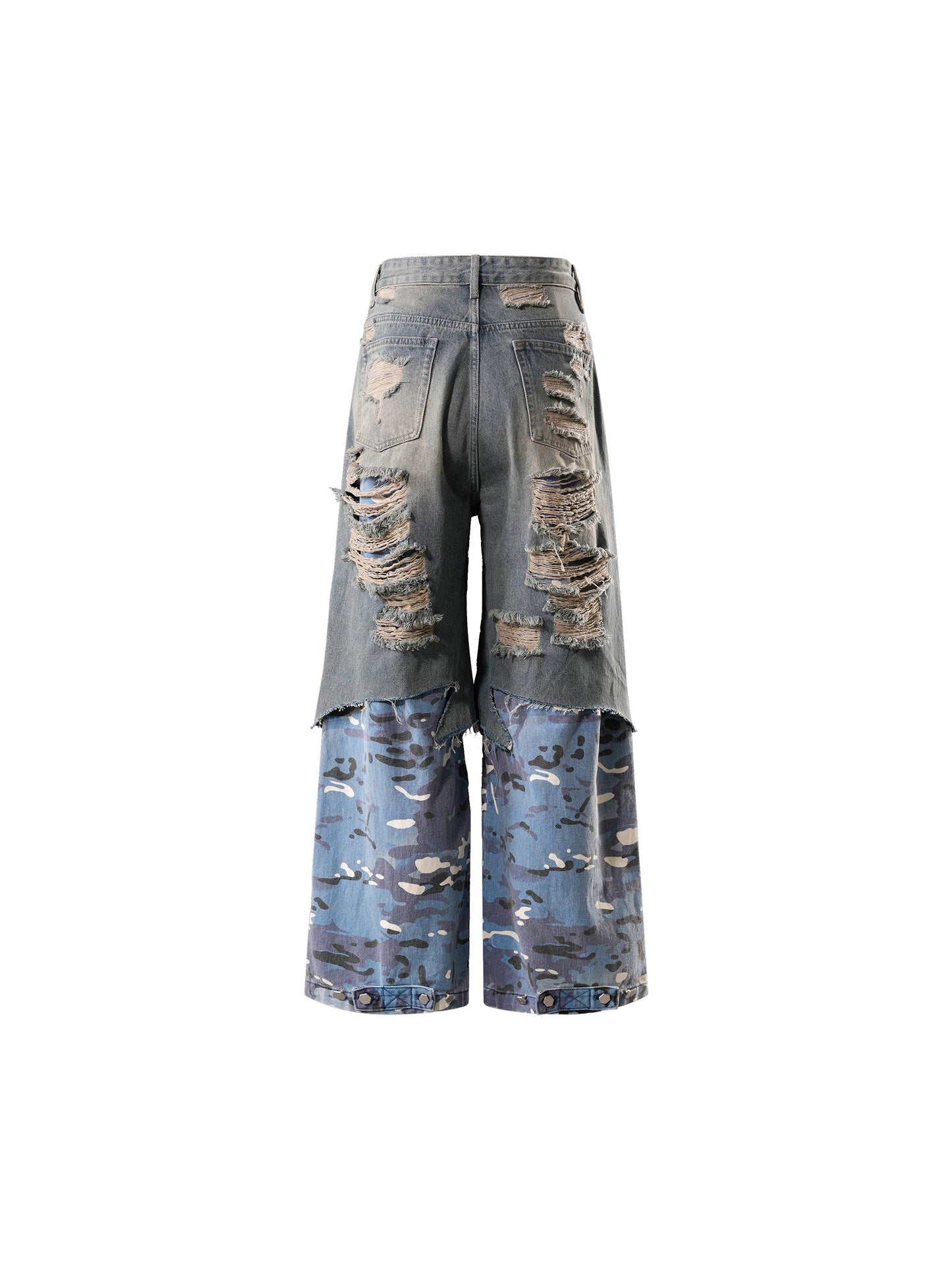 ECLIPSE OF THE BLOOD MOON DISTRESSED DENIM BLUE CAMOUFLAGE LAYERED PANTS