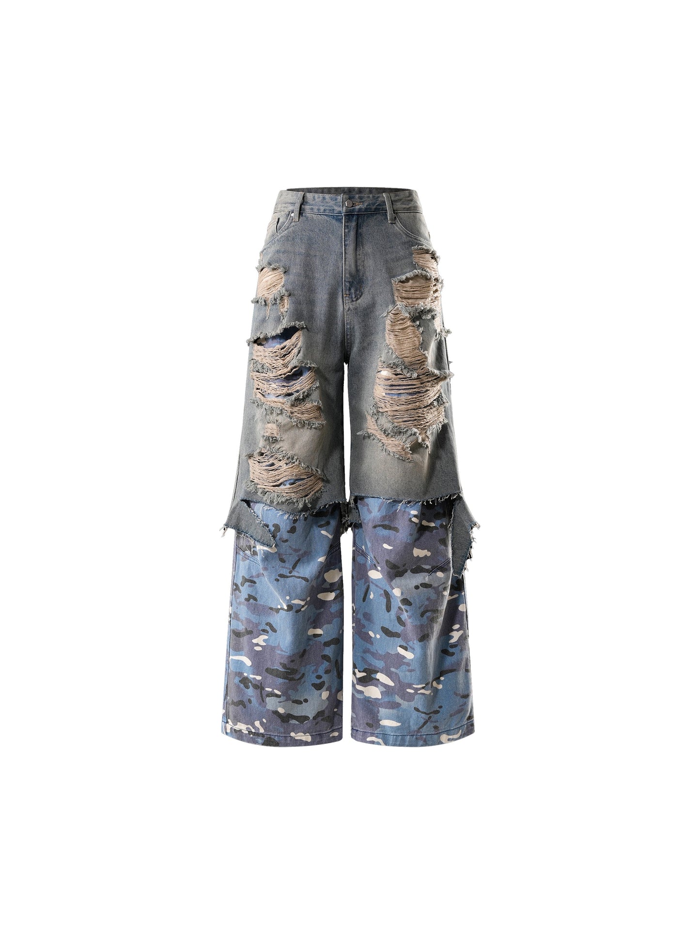 ECLIPSE OF THE BLOOD MOON DISTRESSED DENIM BLUE CAMOUFLAGE LAYERED PANTS