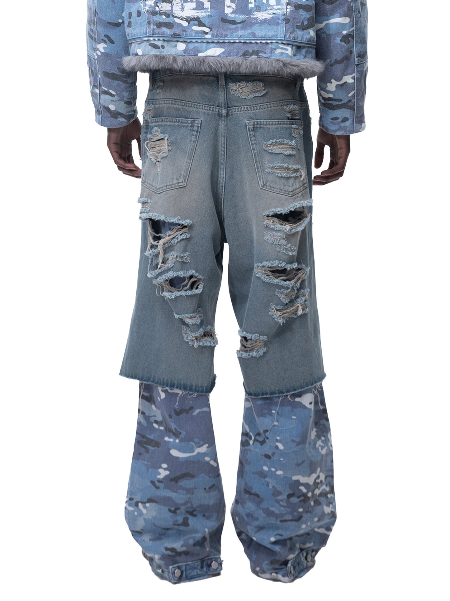 ECLIPSE OF THE BLOOD MOON DISTRESSED DENIM BLUE CAMOUFLAGE LAYERED PANTS