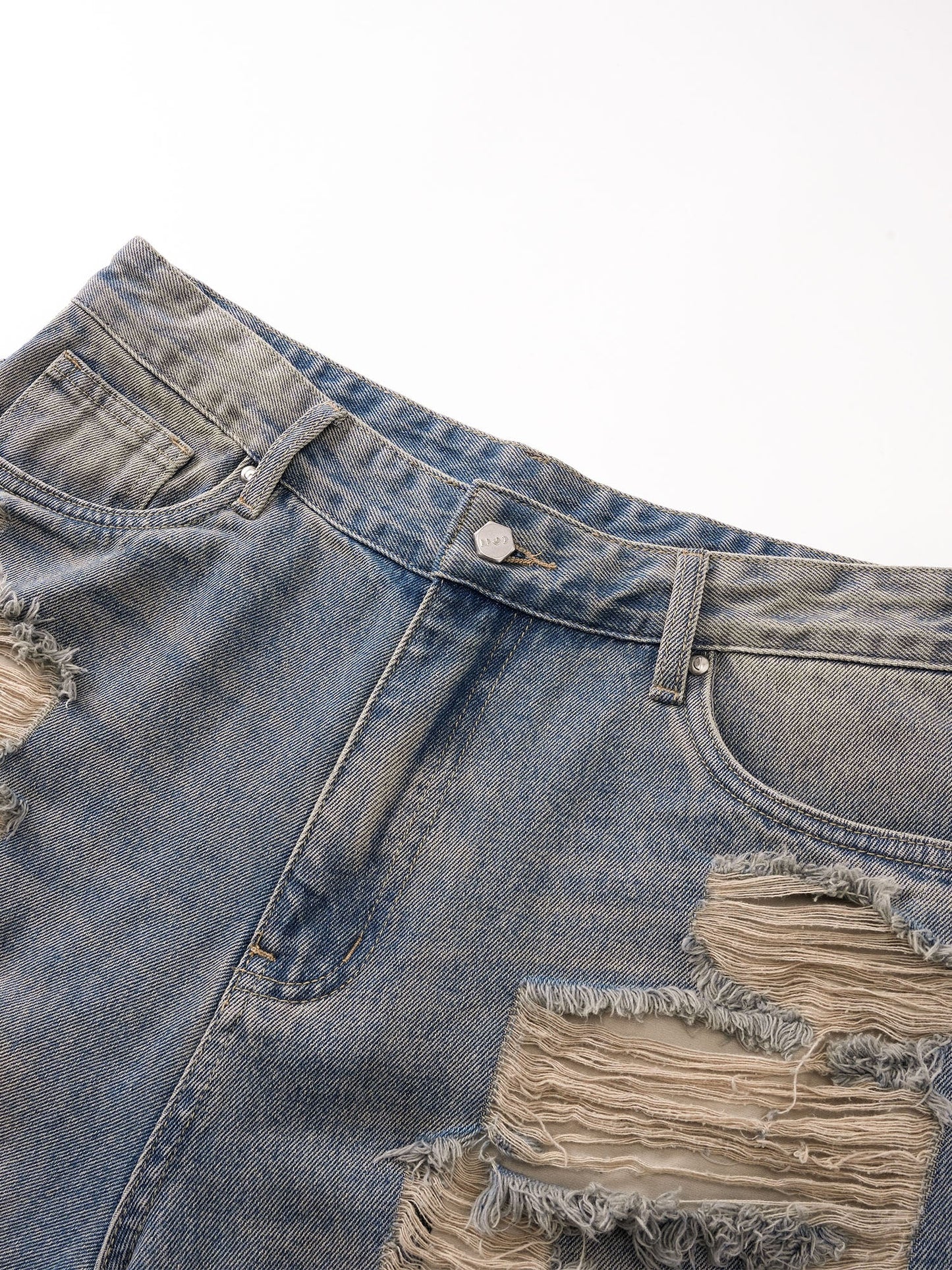 ECLIPSE OF THE BLOOD MOON DISTRESSED DENIM BLUE CAMOUFLAGE LAYERED PANTS