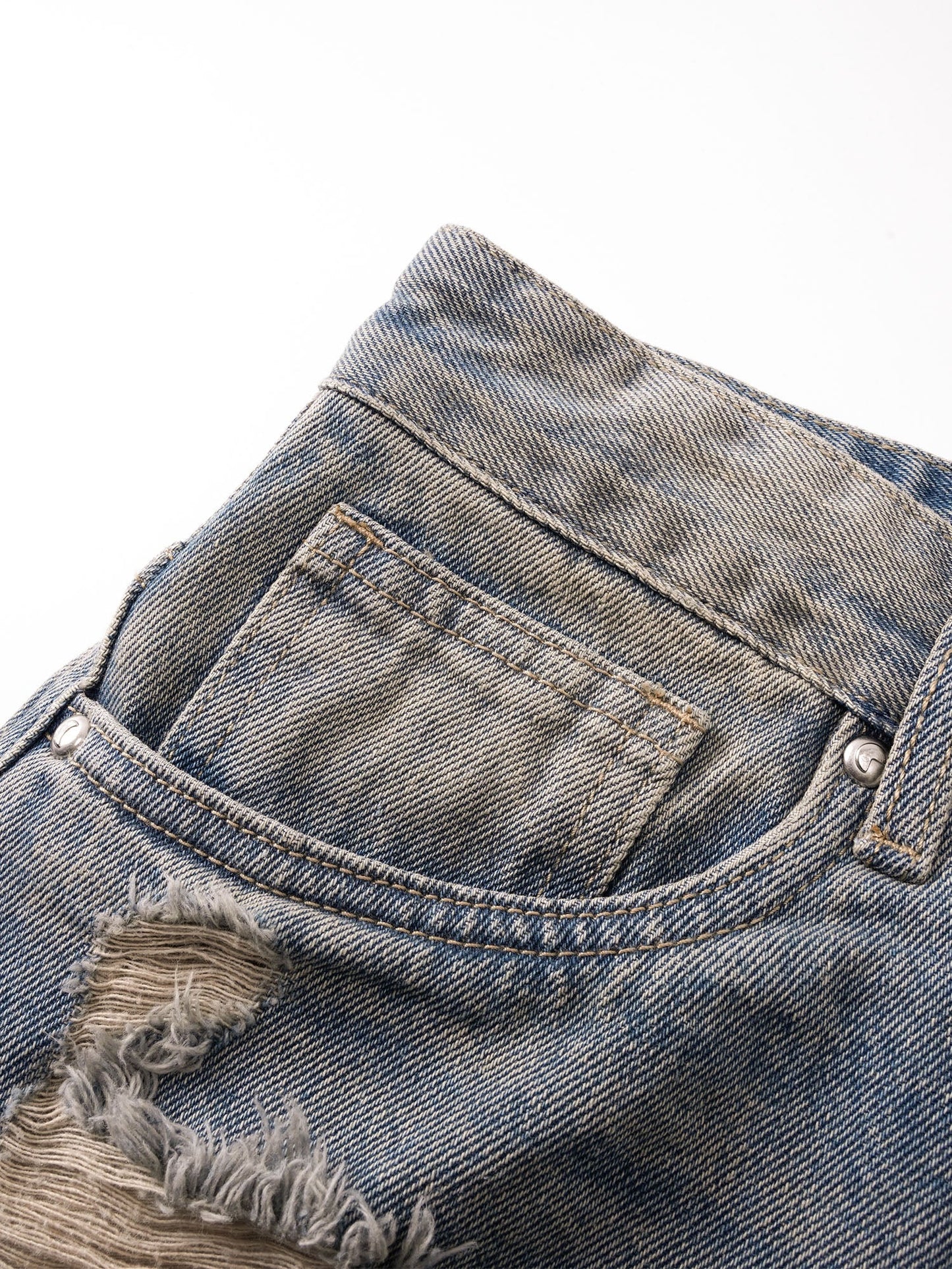 ECLIPSE OF THE BLOOD MOON DISTRESSED DENIM BLUE CAMOUFLAGE LAYERED PANTS