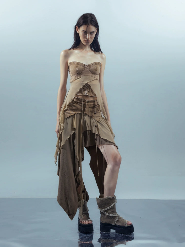 Patchwork Mesh Irregular Skirt