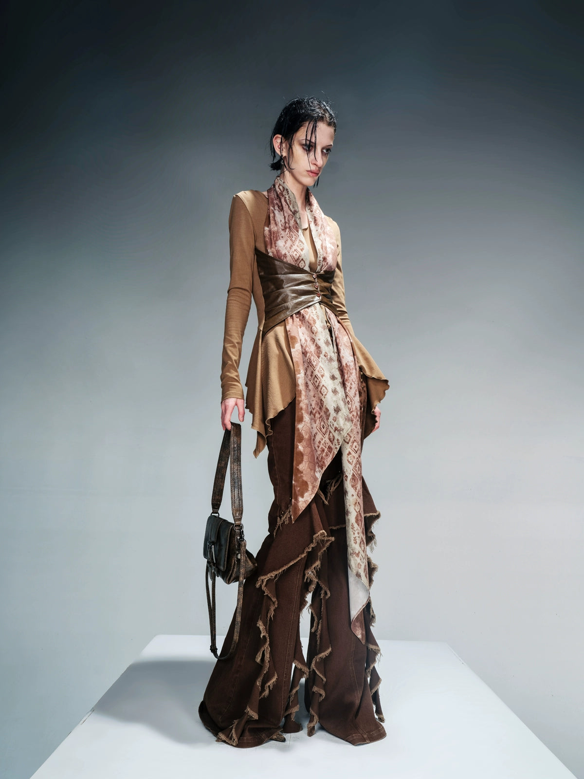 L/S TOP WITH LEATHER CORSET AND SCARF