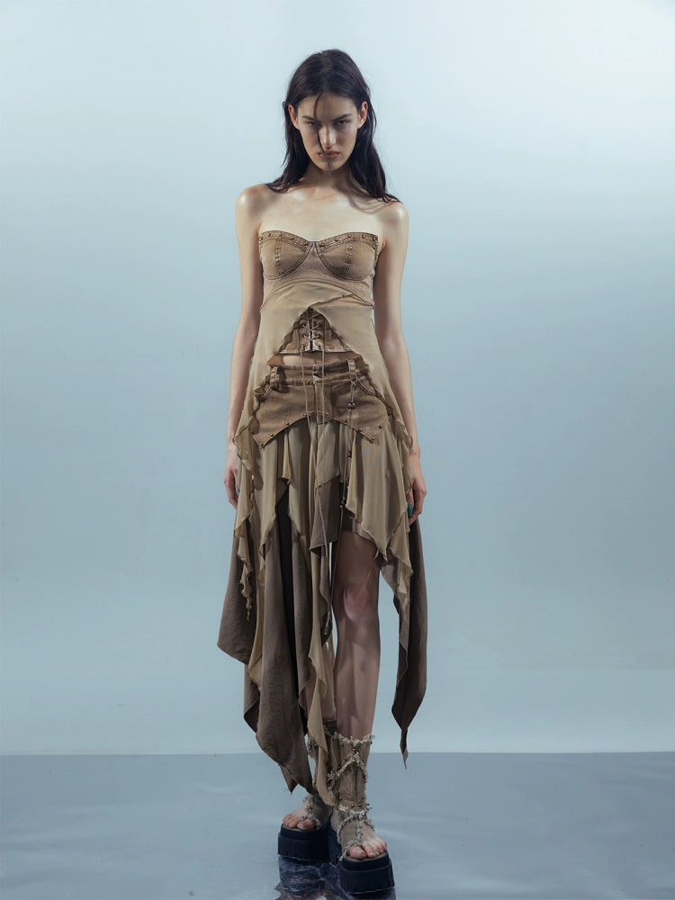 Patchwork Mesh Irregular Skirt