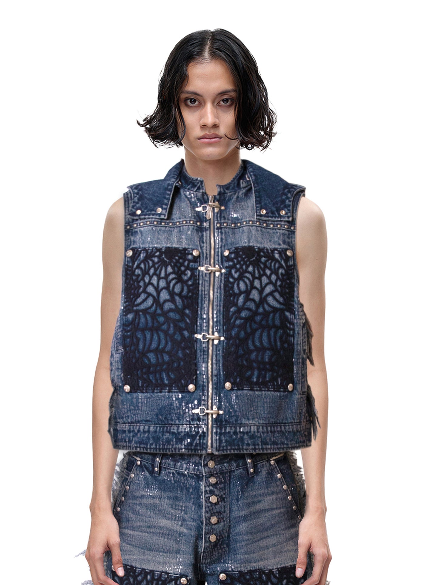 LUMINOUS DAWN FRINGED DENIM HOODEDVEST