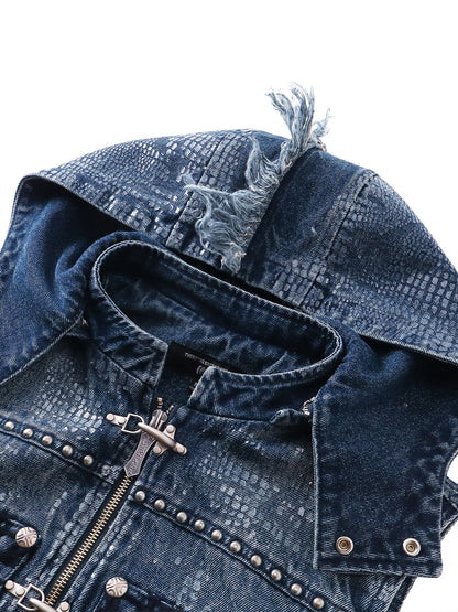 LUMINOUS DAWN FRINGED DENIM HOODEDVEST