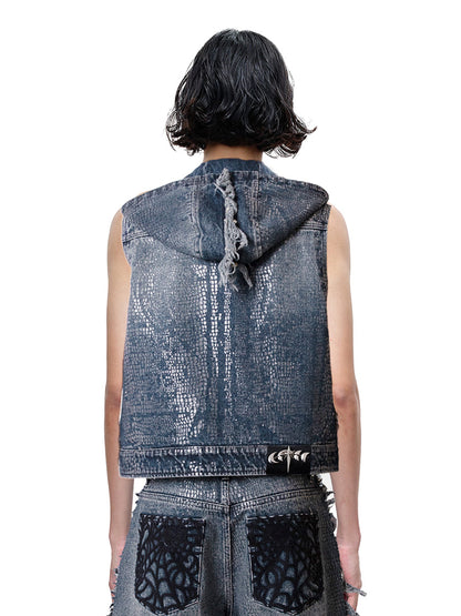 LUMINOUS DAWN FRINGED DENIM HOODEDVEST