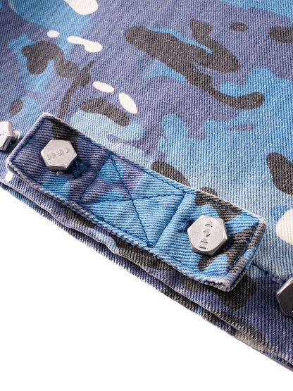ECLIPSE OF THE BLOOD MOON DISTRESSED DENIM BLUE CAMOUFLAGE LAYERED PANTS