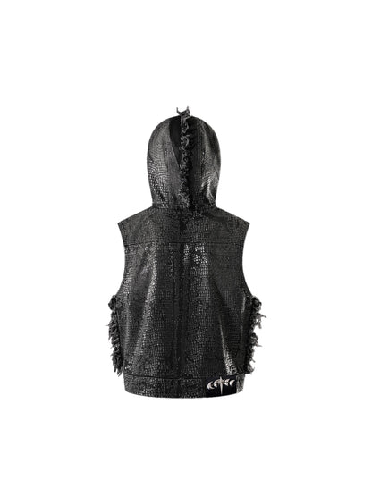 LUMINOUS DAWN FRINGED DENIM HOODEDVEST