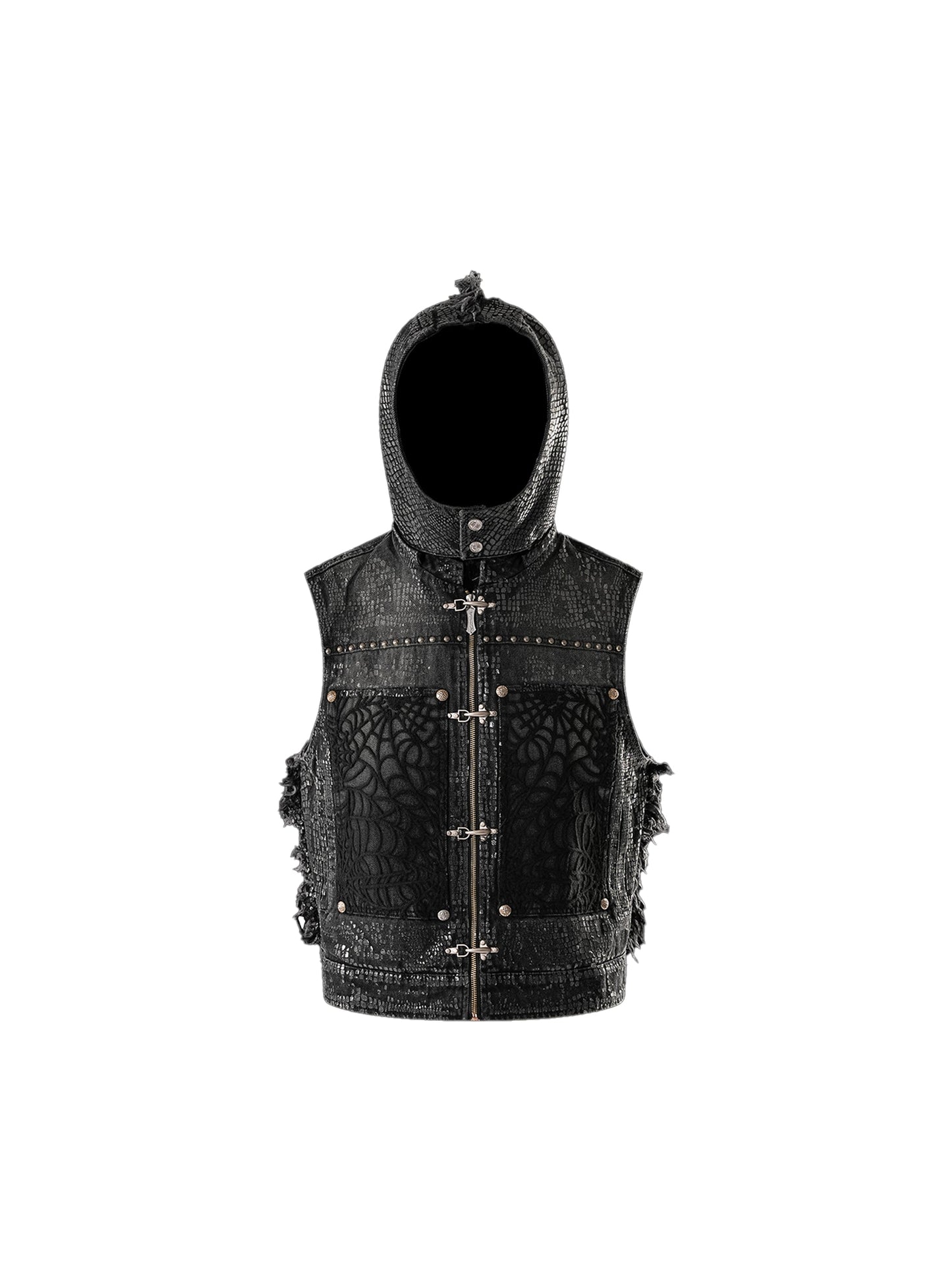 LUMINOUS DAWN FRINGED DENIM HOODEDVEST