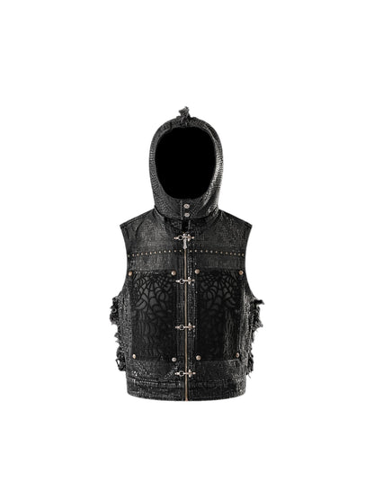 LUMINOUS DAWN FRINGED DENIM HOODEDVEST