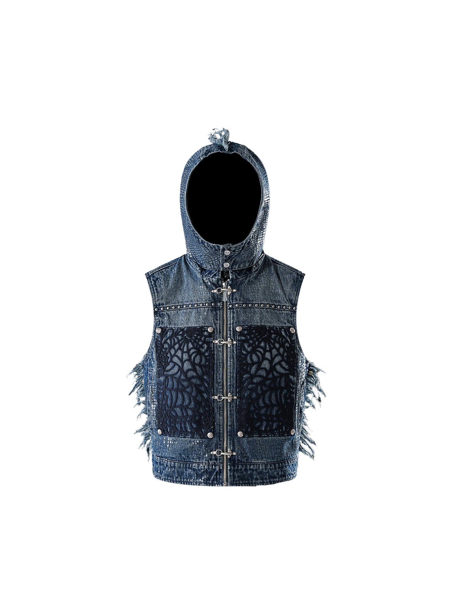 LUMINOUS DAWN FRINGED DENIM HOODEDVEST