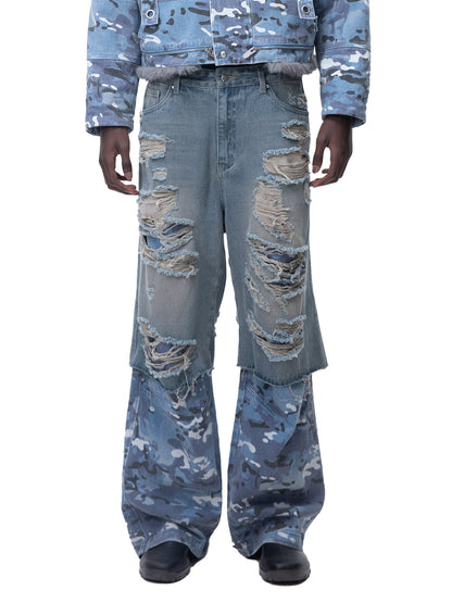 ECLIPSE OF THE BLOOD MOON DISTRESSED DENIM BLUE CAMOUFLAGE LAYERED PANTS