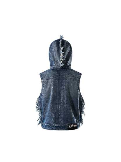 LUMINOUS DAWN FRINGED DENIM HOODEDVEST