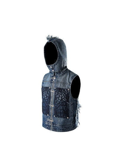 LUMINOUS DAWN FRINGED DENIM HOODEDVEST