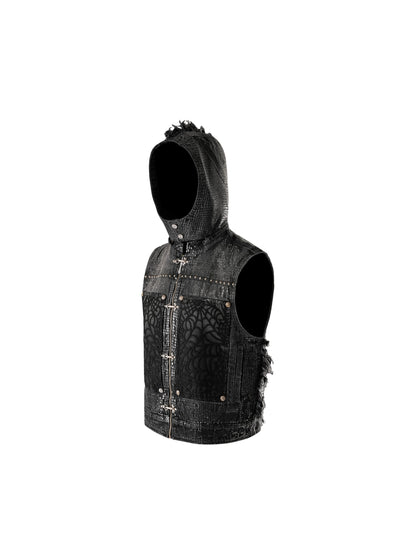 LUMINOUS DAWN FRINGED DENIM HOODEDVEST