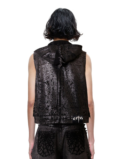 LUMINOUS DAWN FRINGED DENIM HOODEDVEST