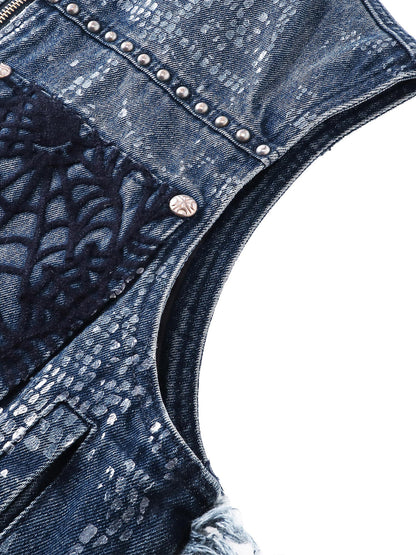 LUMINOUS DAWN FRINGED DENIM HOODEDVEST