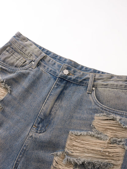 ECLIPSE OF THE BLOOD MOON DISTRESSED DENIM BLUE CAMOUFLAGE LAYERED PANTS