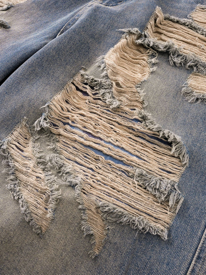 ECLIPSE OF THE BLOOD MOON DISTRESSED DENIM BLUE CAMOUFLAGE LAYERED PANTS