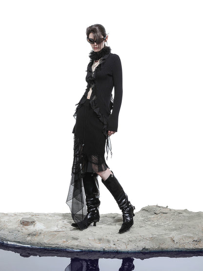 DISTRESSED KNITTED SKIRT WITH RUFFLES