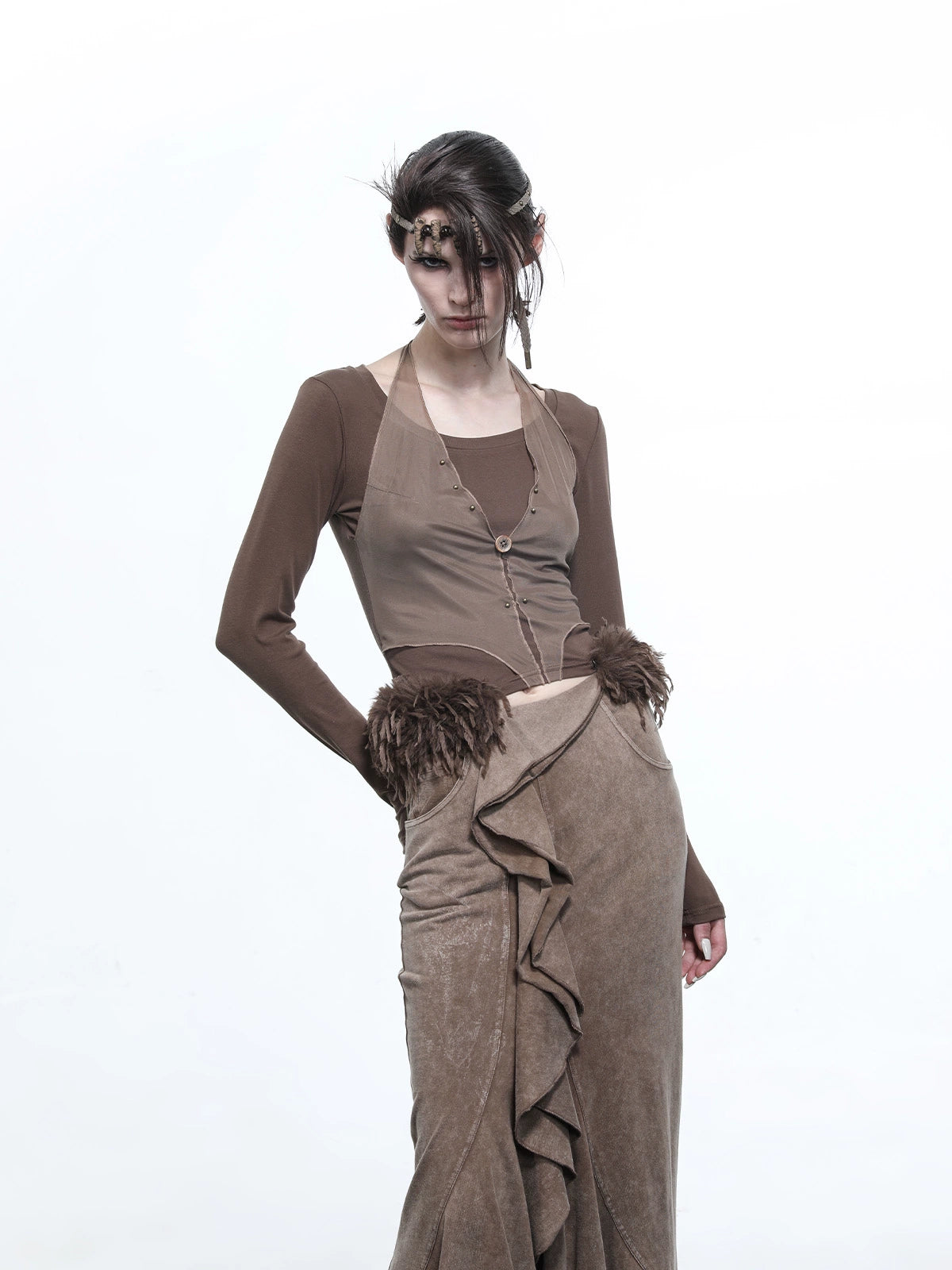 LONG SLEEVE LAYERED TOP (FUR STRIPS REMOVABLE)