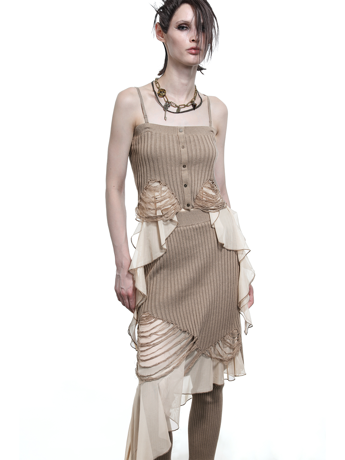 DISTRESSED KNITTED TOP WITH RUFFLES