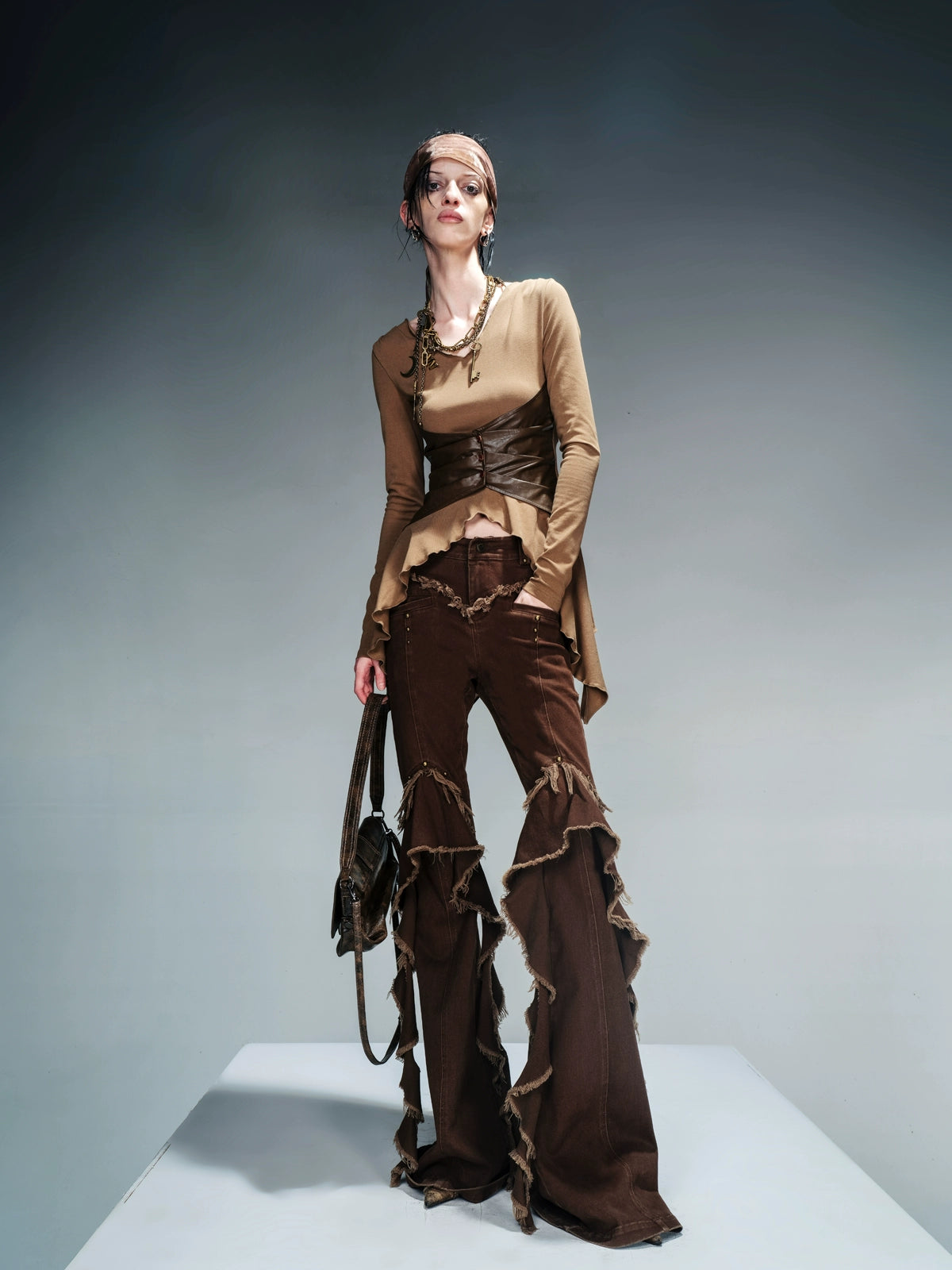 L/S TOP WITH LEATHER CORSET AND SCARF