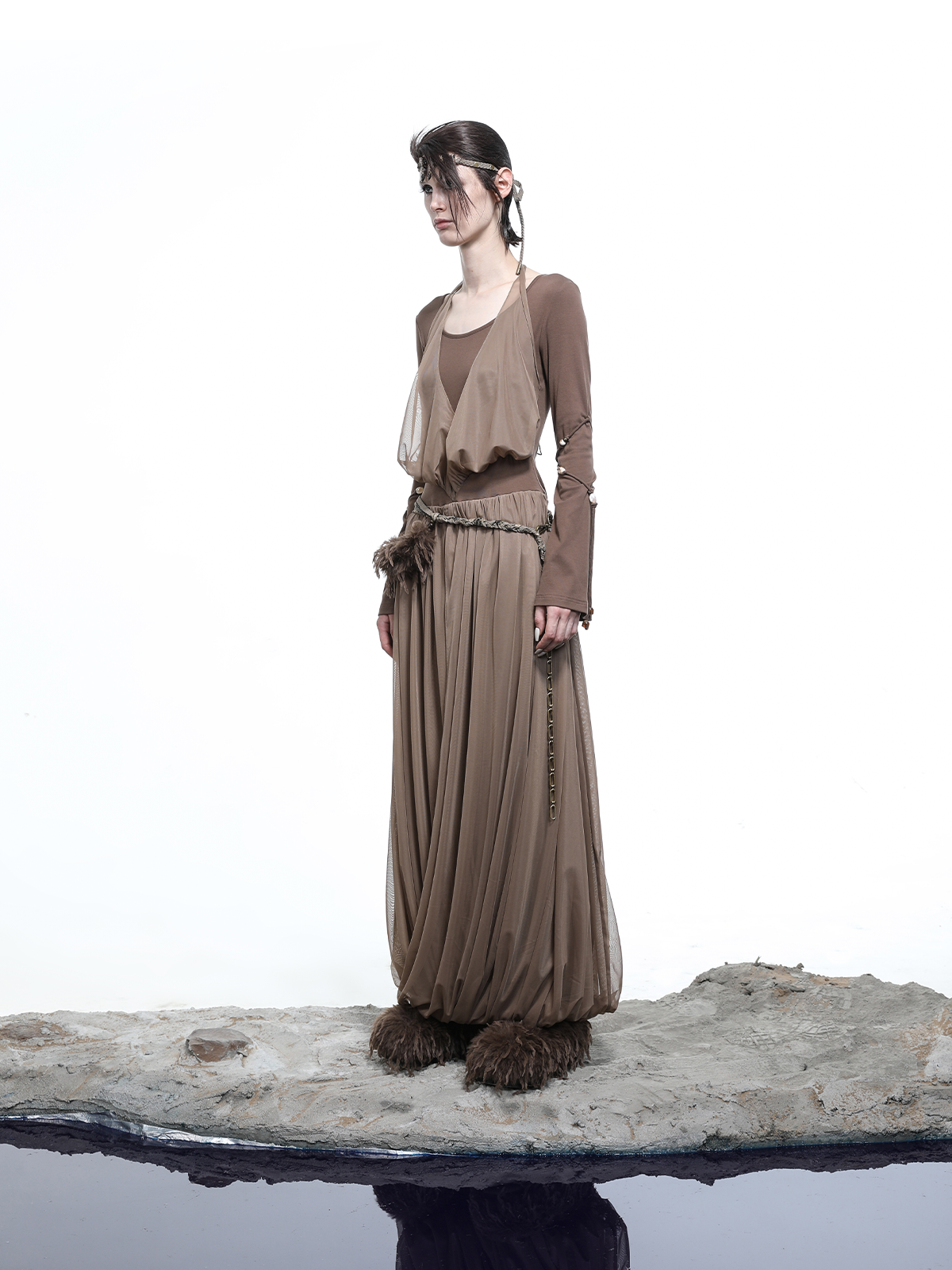 LAYERED MESH PLEATED DRESS