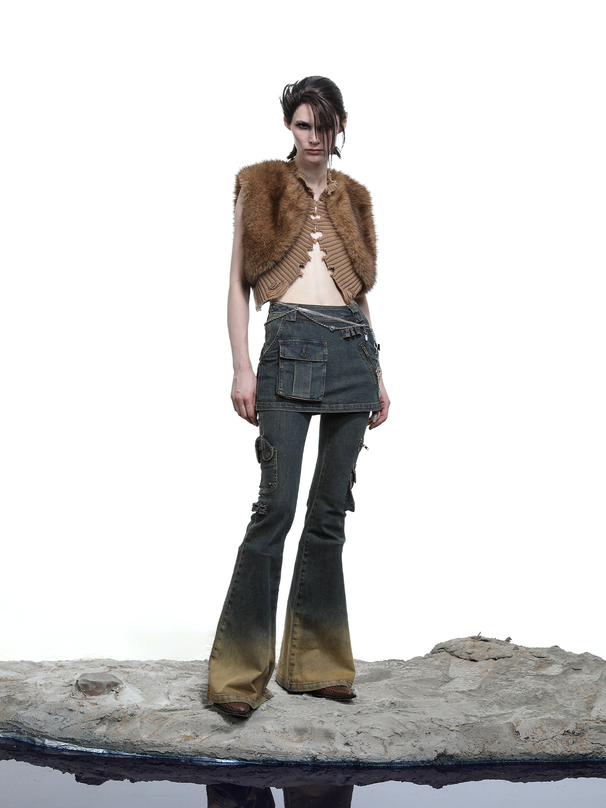 FADE WASH FLARED SKIRT+JEANS