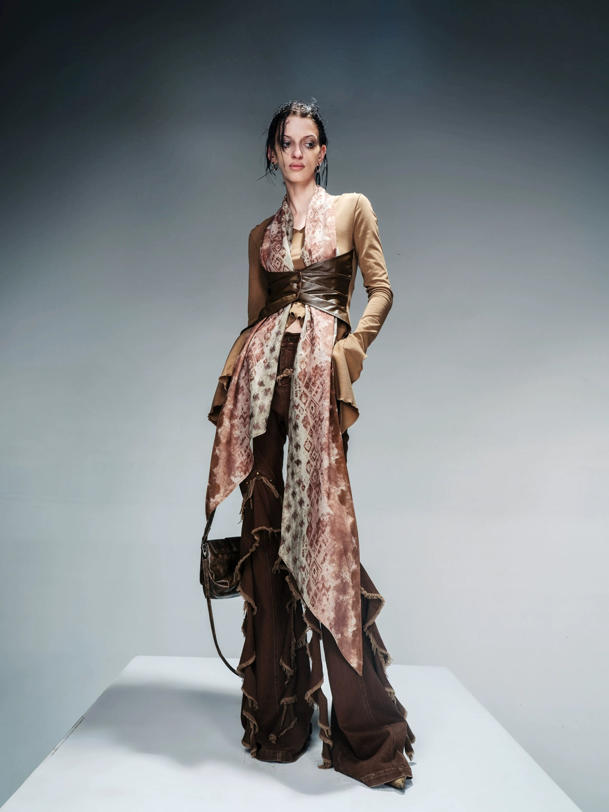 L/S TOP WITH LEATHER CORSET AND SCARF