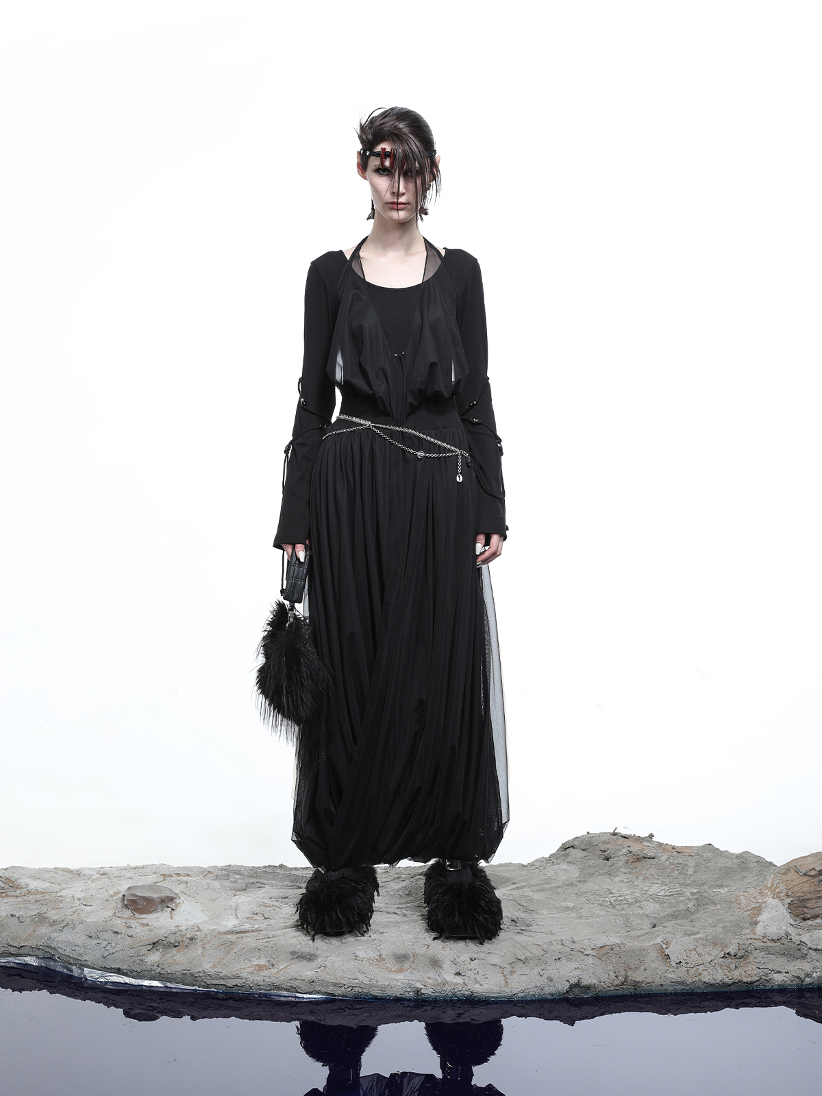 LAYERED MESH PLEATED DRESS