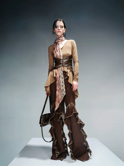 L/S TOP WITH LEATHER CORSET AND SCARF