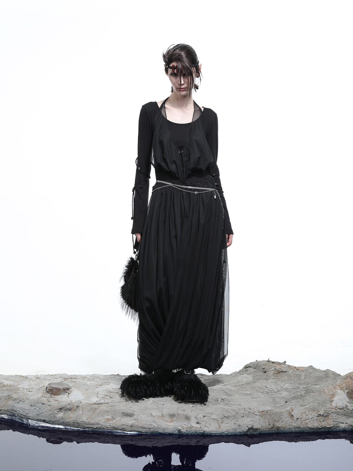 LAYERED MESH PLEATED DRESS