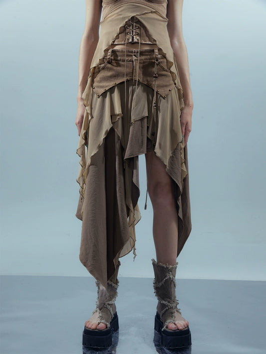 Patchwork Mesh Irregular Skirt