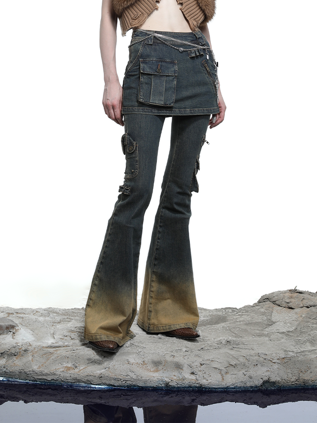 FADE WASH FLARED SKIRT+JEANS