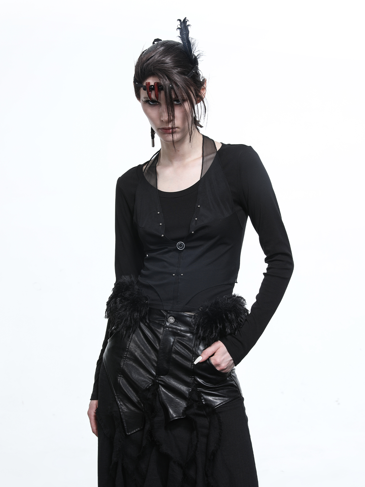 LONG SLEEVE LAYERED TOP (FUR STRIPS REMOVABLE)