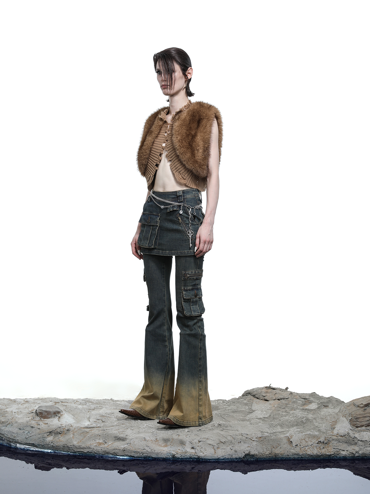 FADE WASH FLARED SKIRT+JEANS