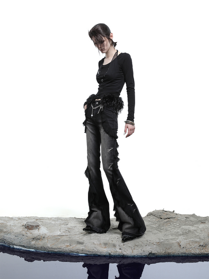 FLARED WASHED JEANS WITH RUFFLES