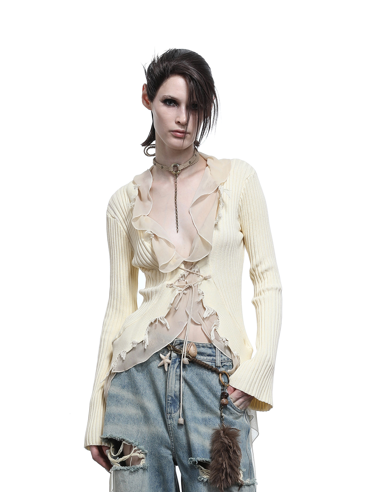 KNITTED CARDIGAN WITH MESH DETAIL