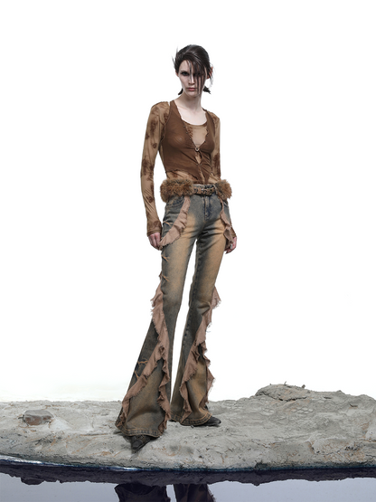 FLARED WASHED JEANS WITH RUFFLES