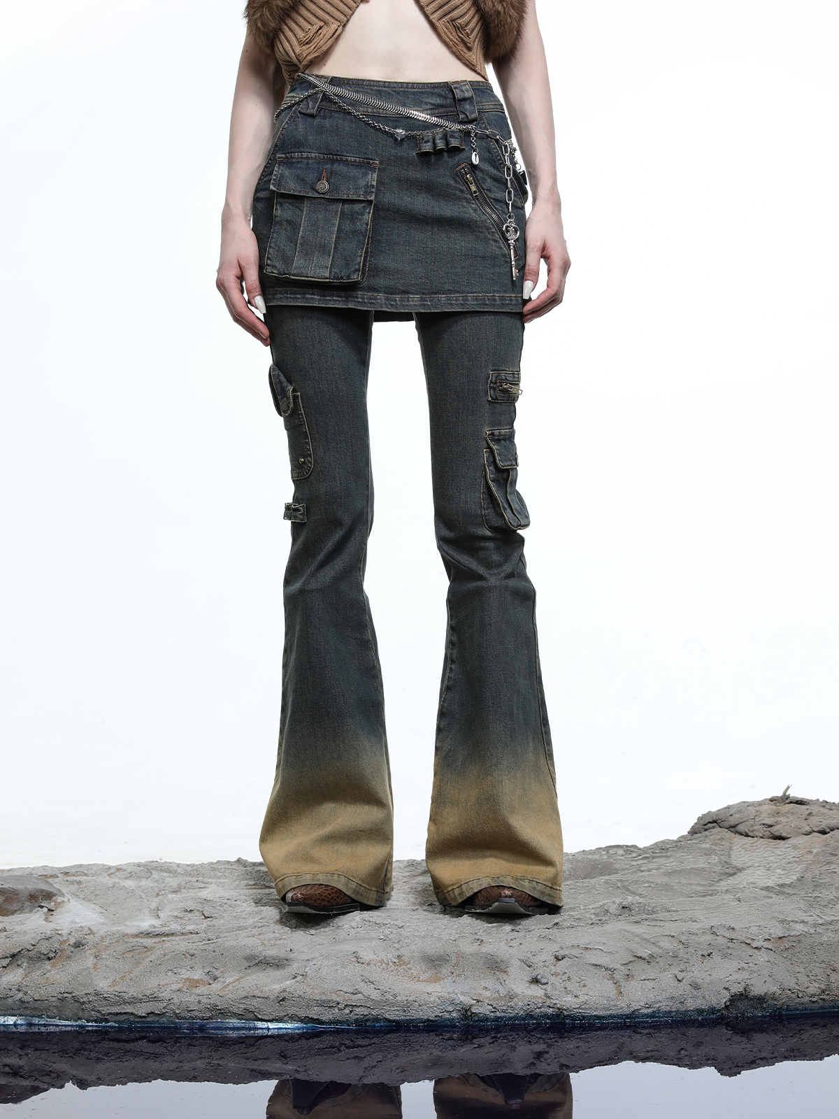 FADE WASH FLARED SKIRT+JEANS