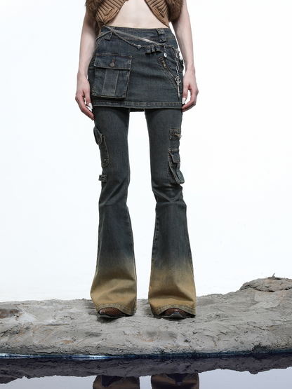 FADE WASH FLARED SKIRT+JEANS