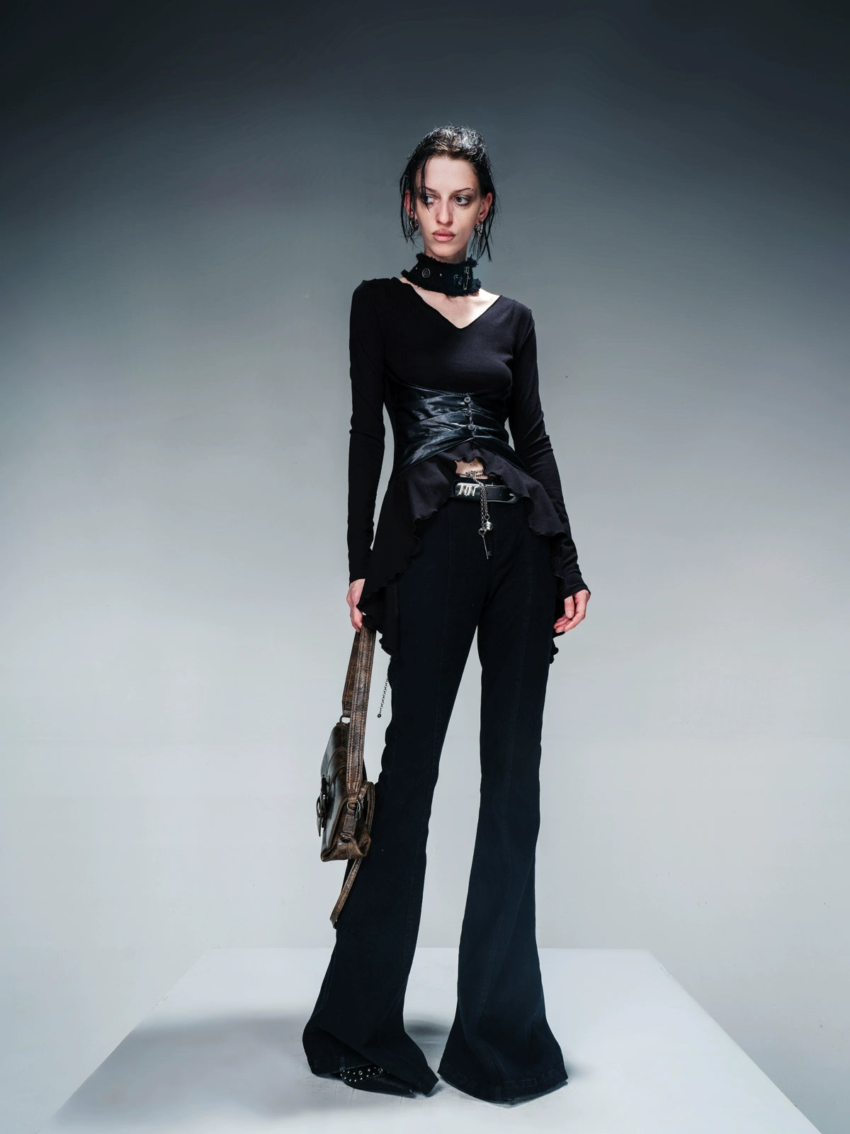 L/S TOP WITH LEATHER CORSET AND SCARF